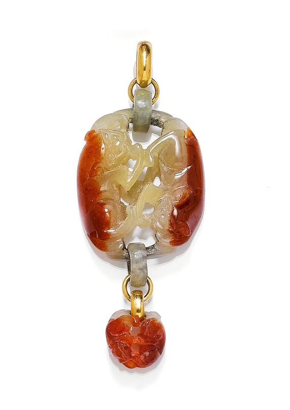 Appraisal: JADEITE PENDANT Yellow gold Decorative pendant of reddish brown greenish