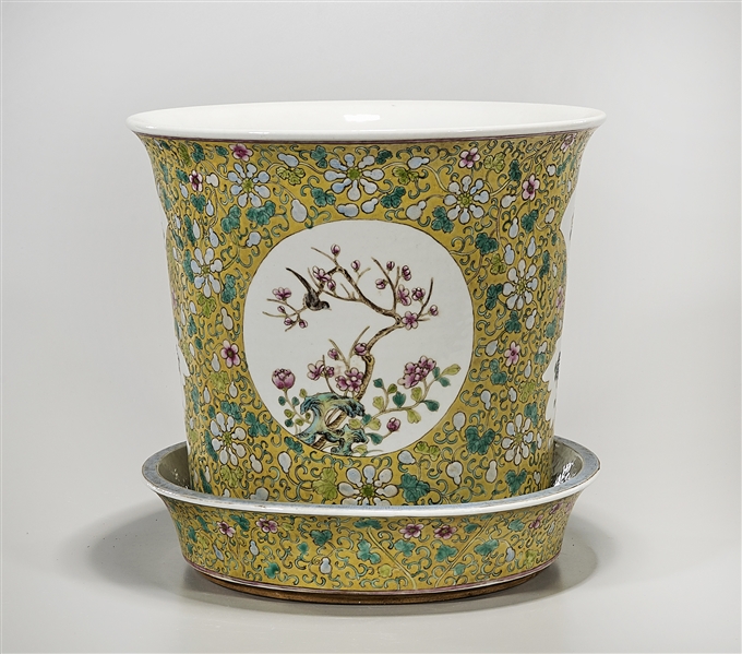 Appraisal: Chinese enameled porcelain planter with basin with flower and bird