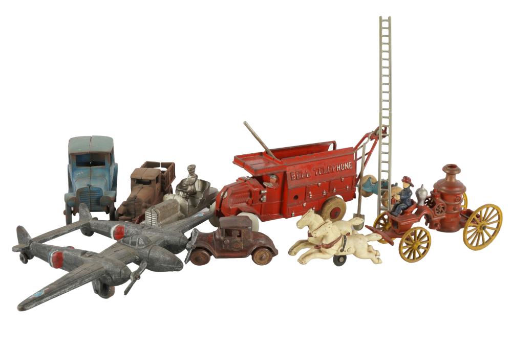 Appraisal: GROUP OF ANTIQUE PAINTED IRON TOYScomprising an airplane inches wide