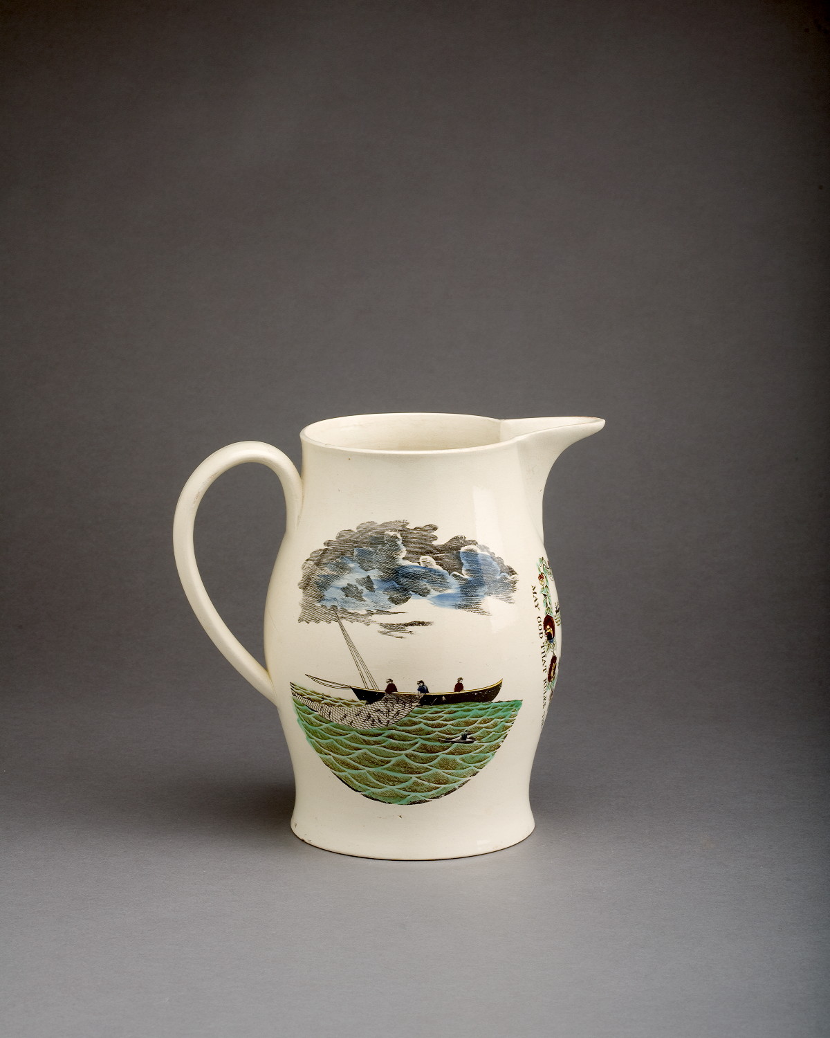 Appraisal: ENGLISH CREAMWARE ENAMEL-DECORATED AND BLACK TRANSFER-PRINTED JUG PROBABLY STAFFORDSHIRE CIRCA