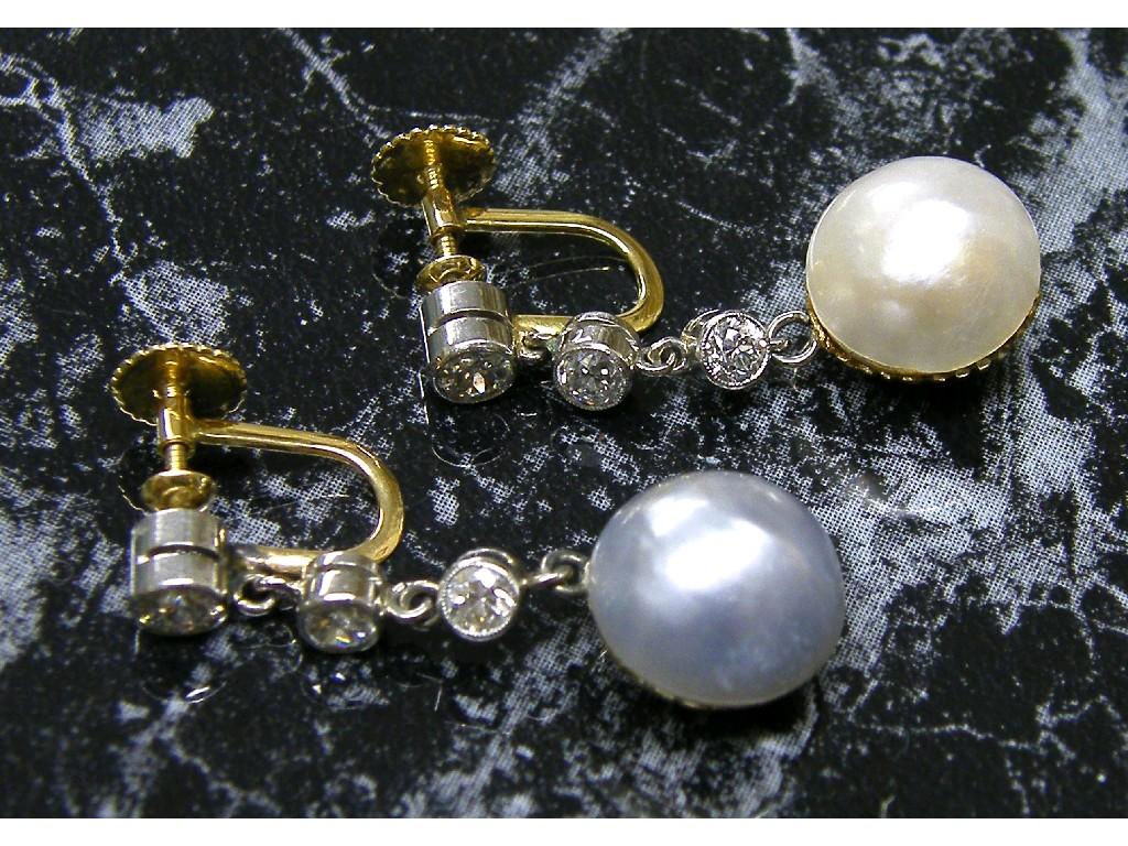 Appraisal: Pair of pearl and diamond drop earrings with three brilliant