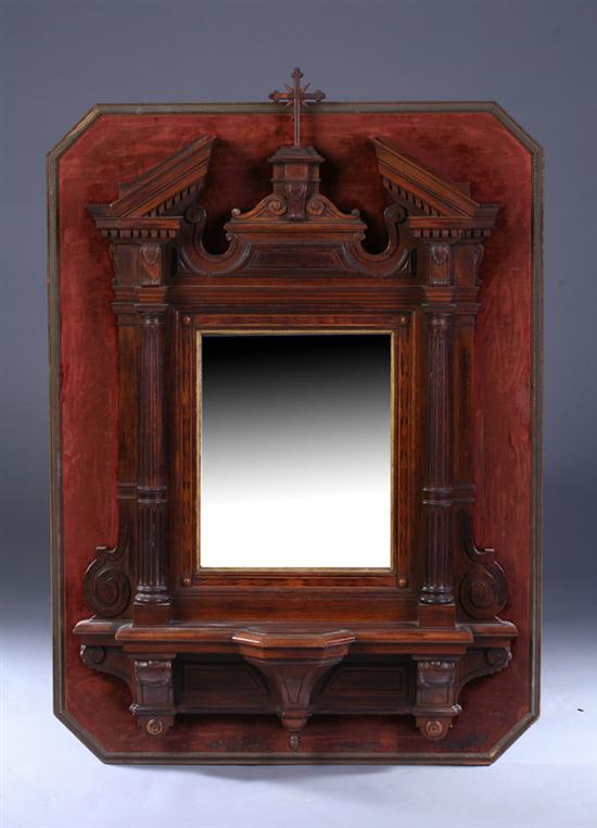 Appraisal: PANEL-MOUNTED ARCHITECTURAL-CARVED MAHOGANY WALL MIRROR Mid-late th century Broken pediment