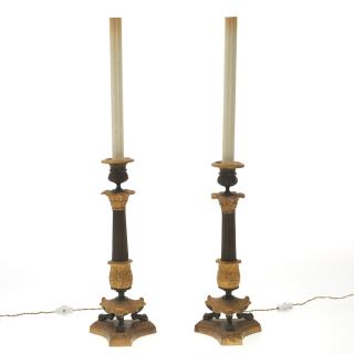 Appraisal: Pair French Empire style gilt bronze candlesticks Pair French Empire