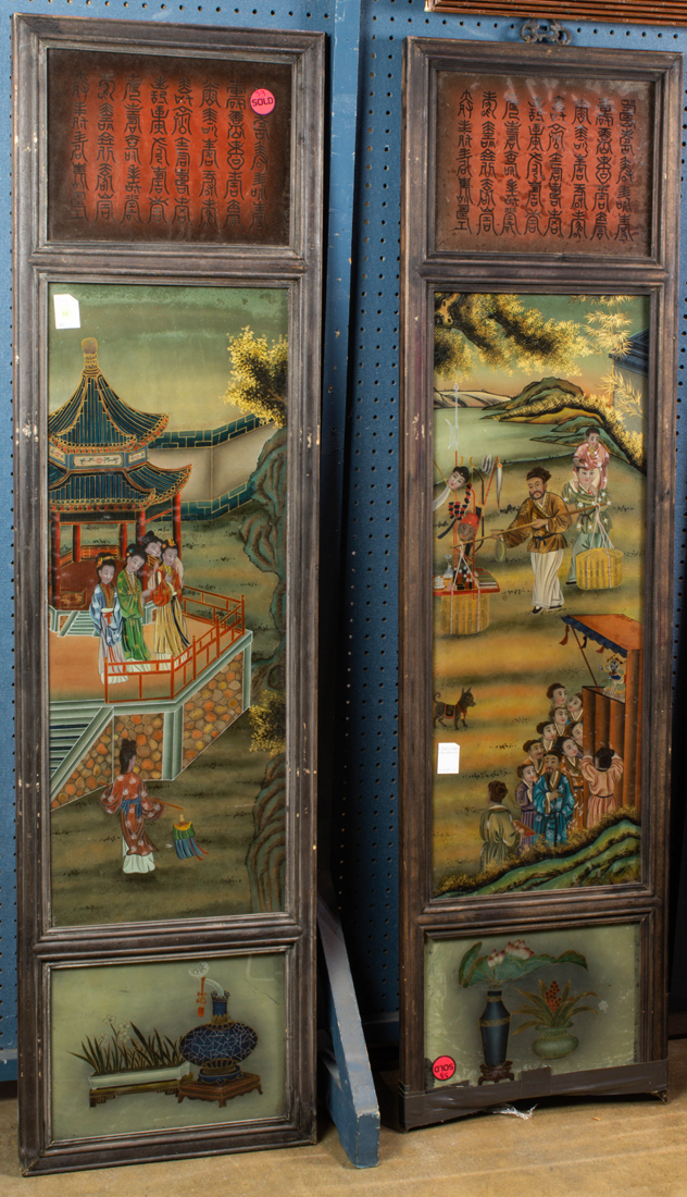 Appraisal: PAIR OF REVERSE PAINTED GLASS PANELS Pair of reverse painted