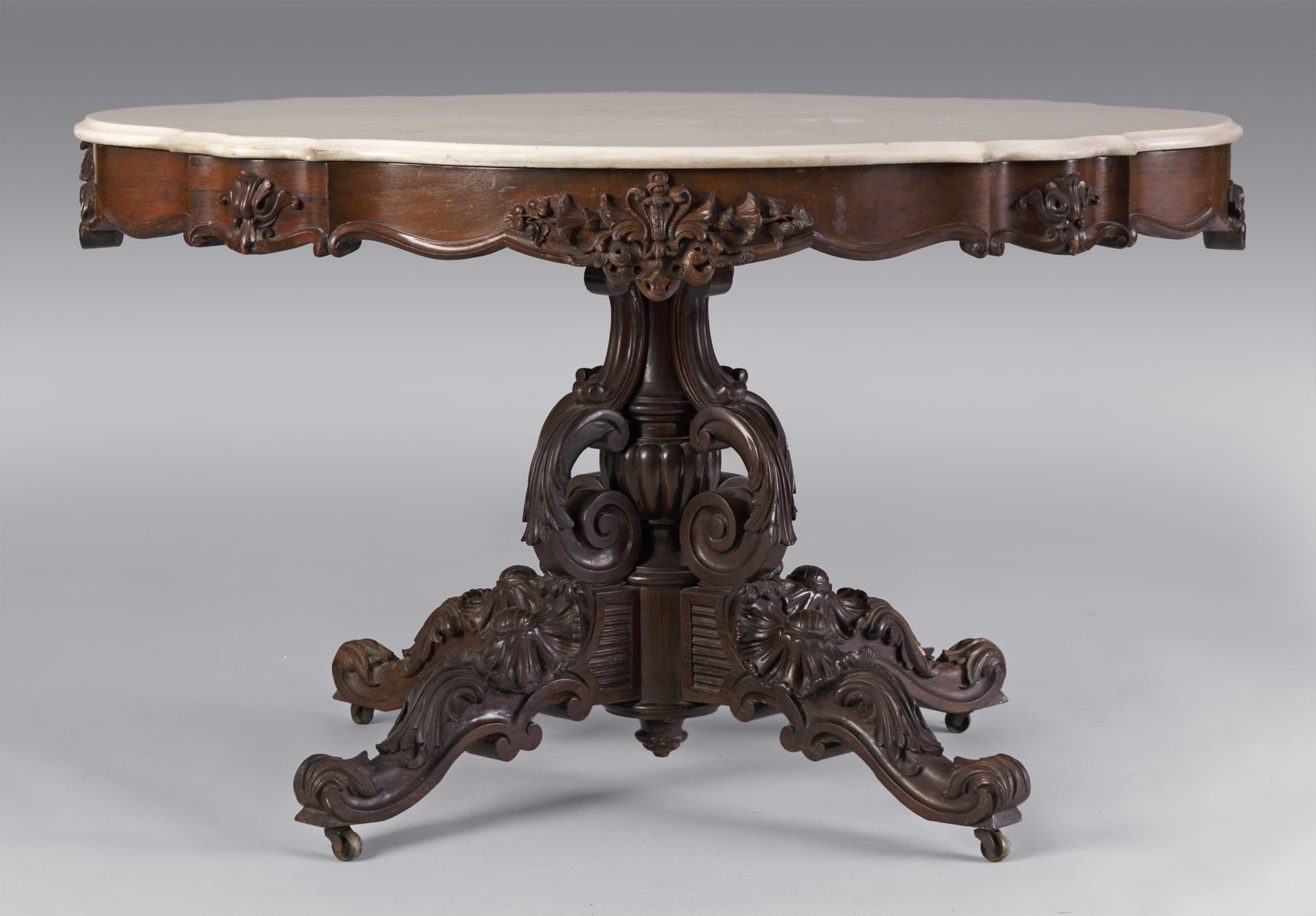 Appraisal: Victorian Carved Rosewood Center Table w Marble Turtle Top Original