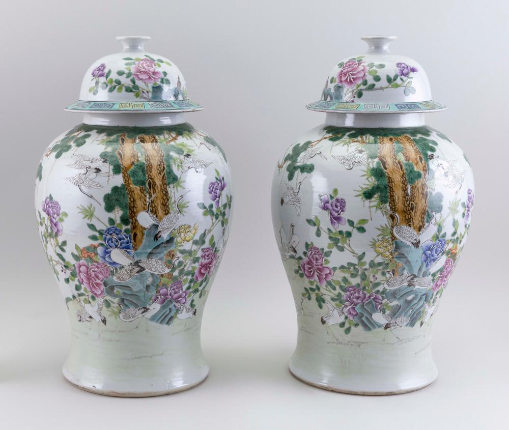 Appraisal: PAIR OF CHINESE FAMILLE ROSE PORCELAIN TEMPLE JARS TH CENTURY