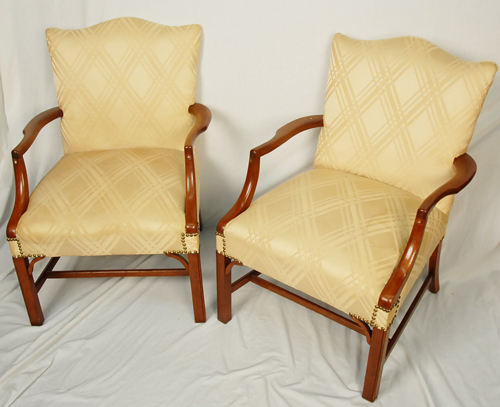 Appraisal: A Pair of Open-arm Chairs ivory brocade upholstered backs and