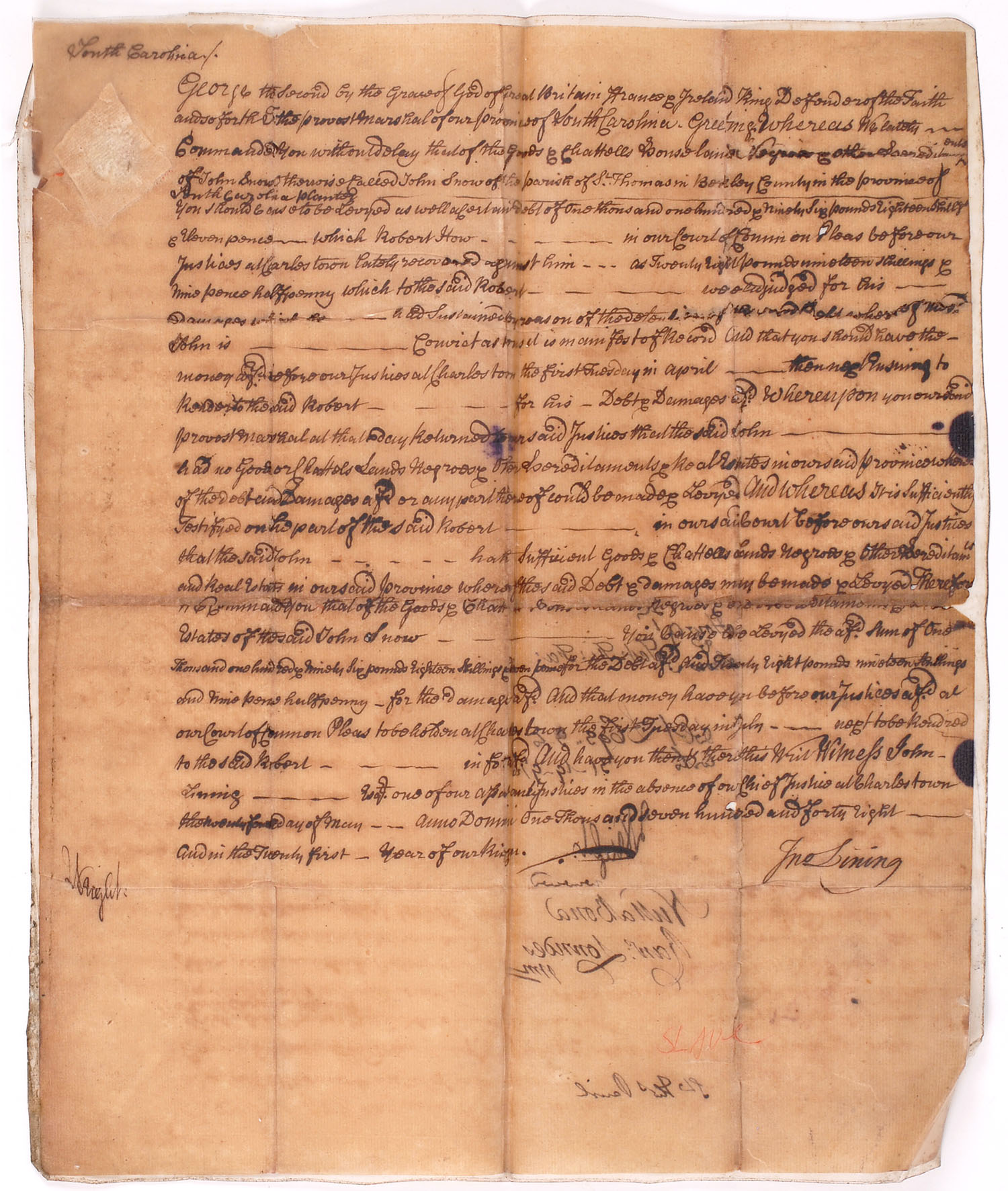 Appraisal: SOUTH CAROLINA SLAVE DOCUMENT Dated Pertains to an estate in