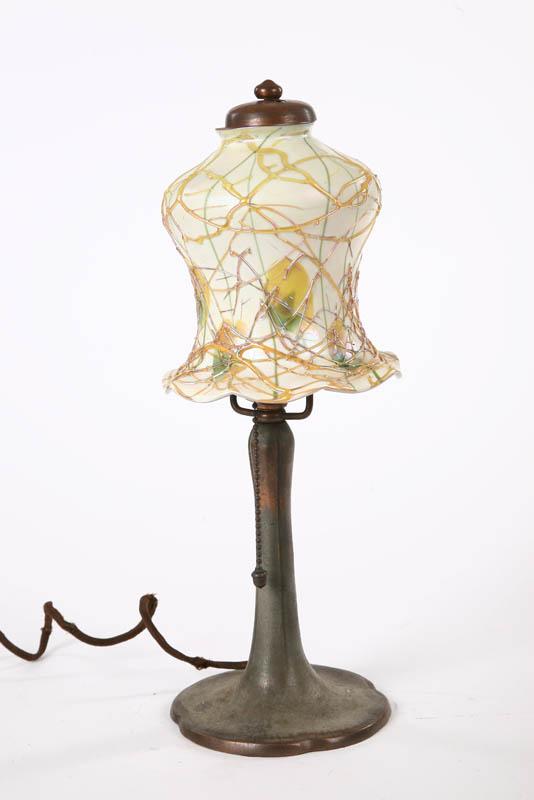 Appraisal: HANDEL BOUDOIR LAMP Brass with a paneled pedastal and circular