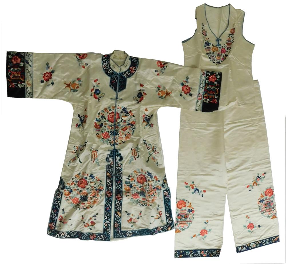 Appraisal: TEXTILE Chinese silk embroidered garment c 's three pieces including