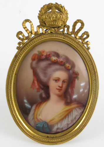 Appraisal: FRENCH MINIATURE OIL ON PORCELAIN Portrait of woman with curled