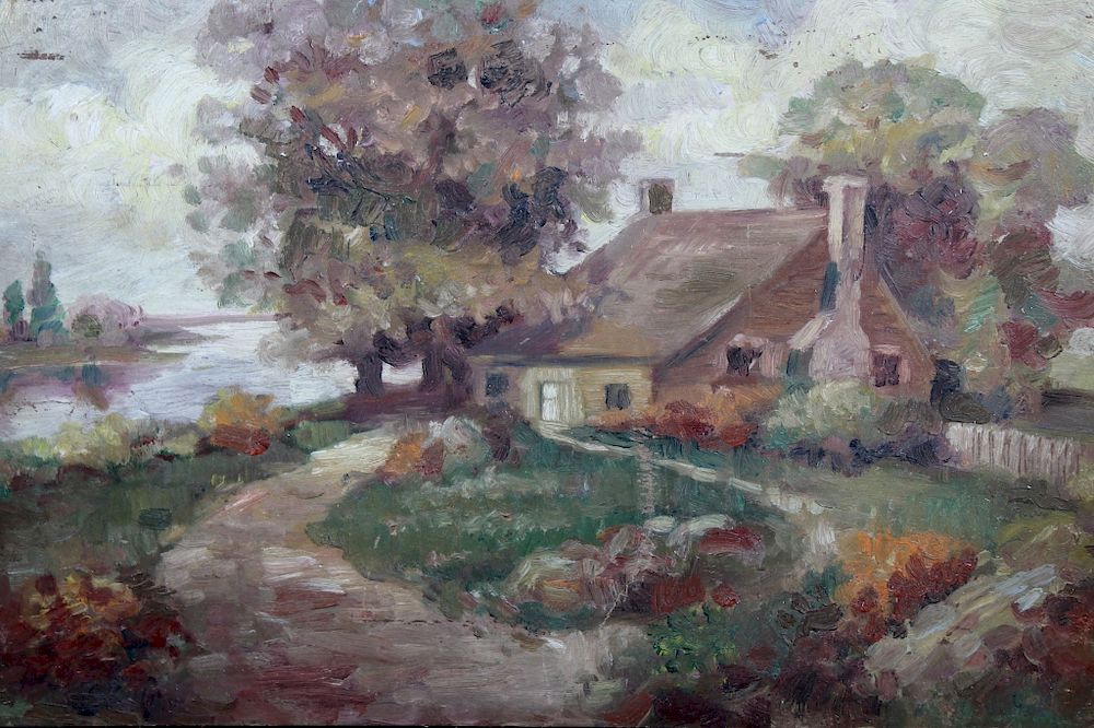 Appraisal: American School Impressionist Ptg of River House American School Impressionist