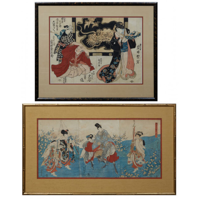 Appraisal: Toyokuni Japanese Pair of Woodblock Prints Sightseeing Spot for Yamabuki