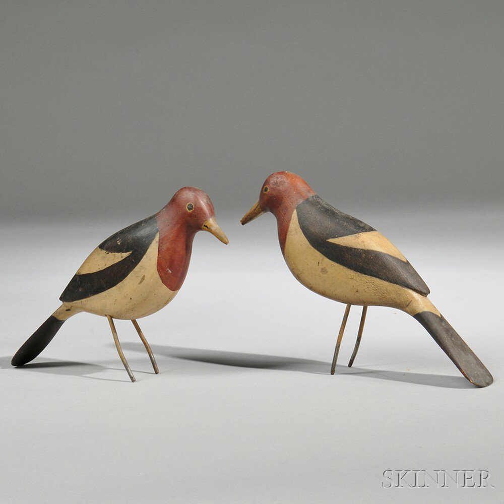 Appraisal: Pair of Carved and Painted Red-headed Woodpecker Figures American early