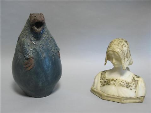 Appraisal: POTTERY HIPPO ALABASTER BUST The first as a redware hippo