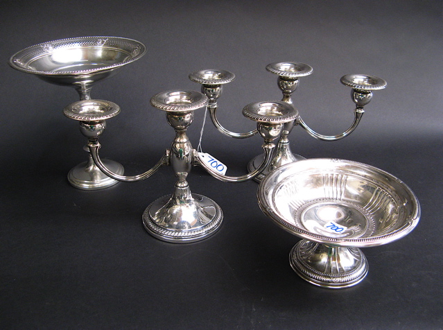 Appraisal: FOUR STERLING SILVER ITEMS pair -light candelabra inches ht by