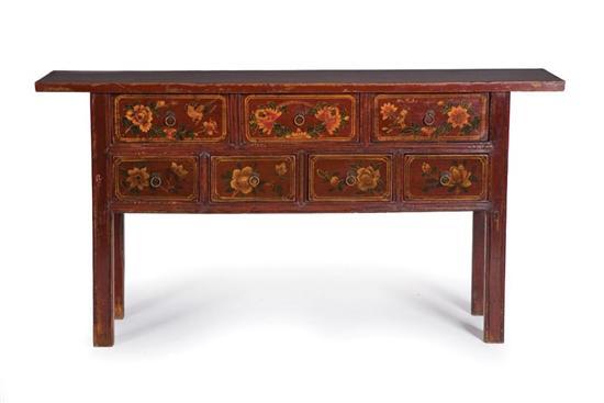 Appraisal: DECORATED TABLE Mongolian ca hardwood Mortised construction with beading on