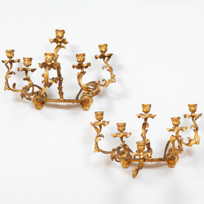 Appraisal: PAIR OF CONTINENTAL GILT-BRONZE SIX-LIGHT WALL SCONCES POSSIBLY ITALIAN Stamped