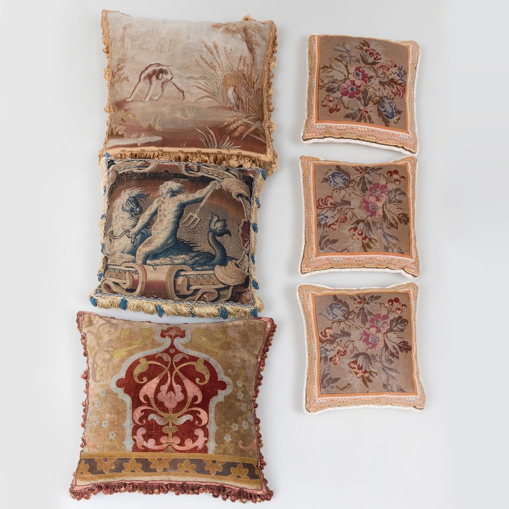 Appraisal: Group of Six Needlework Pillows Comprising One stenciled velvet pillow