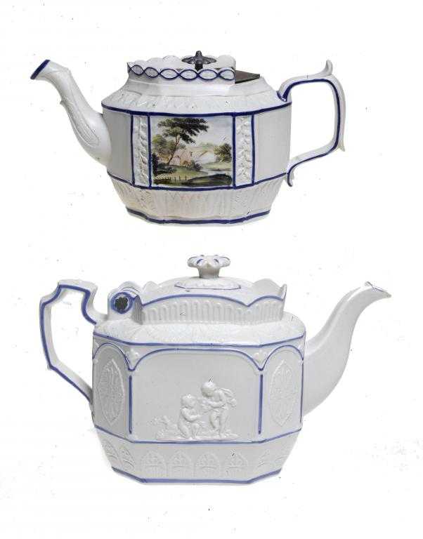 Appraisal: A WHITE FELDSPATHIC STONEWARE MOULDED TEAPOT painted to either side