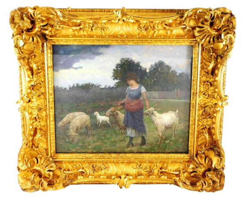 Appraisal: Girl with Sheep th C oil on canvas probably Italian