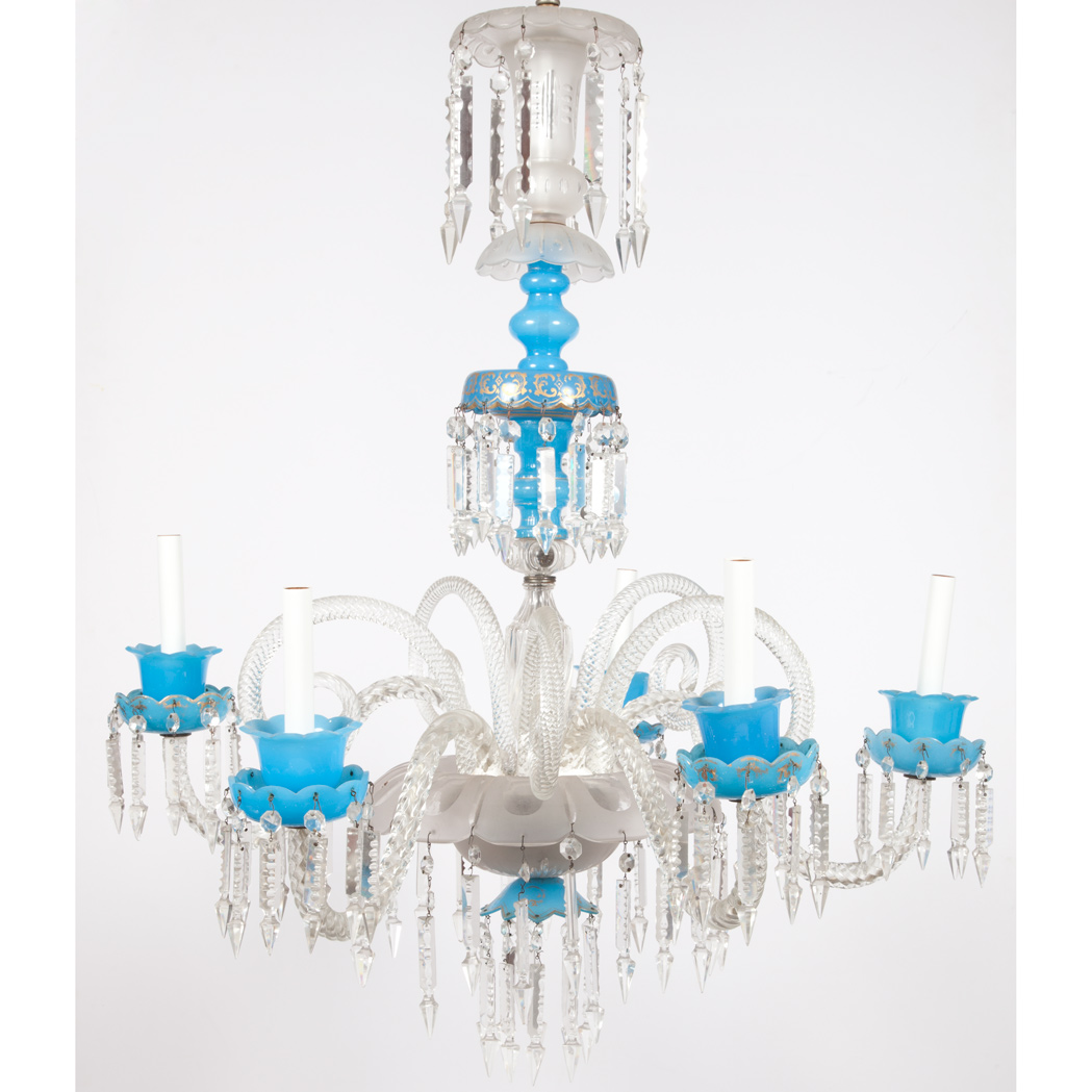 Appraisal: Murano Glass Five-Light Chandelier The multi-tiered columnar standard in colorless