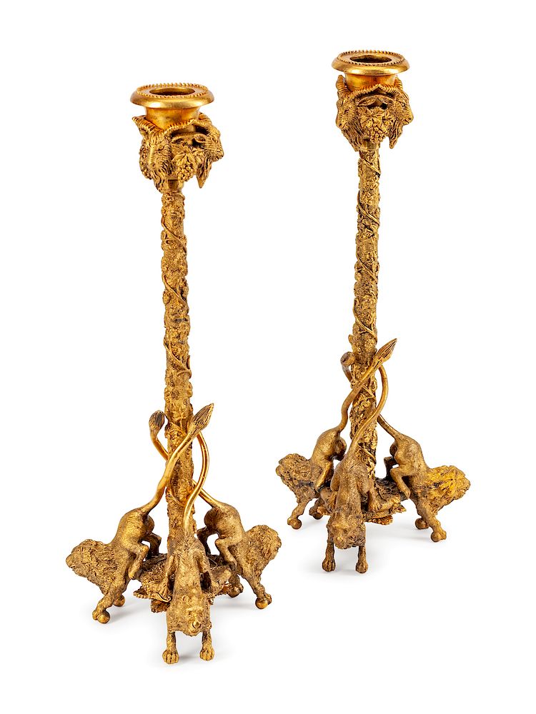 Appraisal: A Pair of English Gilt-Bronze Lion -Form Candlesticks A Pair