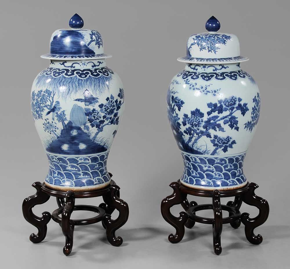 Appraisal: Pair Blue and White Floor Vases Chinese porcelain lidded balusters