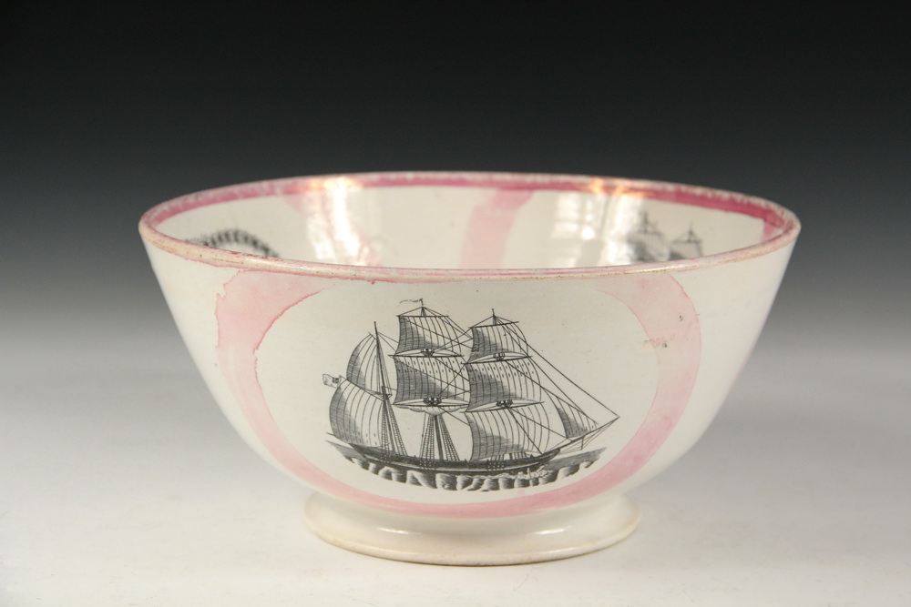 Appraisal: SUNDERLAND PINK LUSTRE MARITIME PUNCH BOWL - Pottery Bowl with