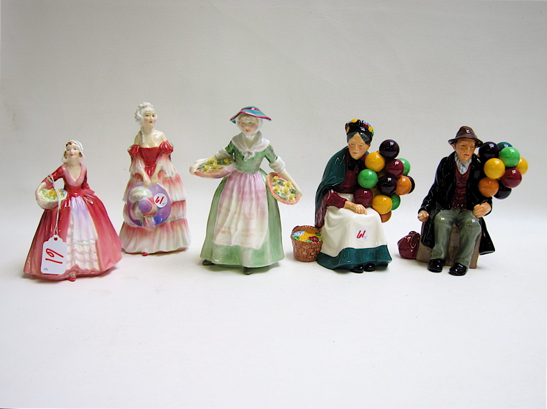 Appraisal: FIVE ROYAL DOULTON PORCELAIN FIGURINES The Balloon Seller HN The