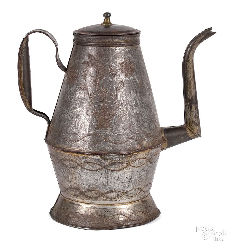 Appraisal: Pennsylvania wrigglework tin coffee pot Bedminster Township Bucks County Pennsylvania