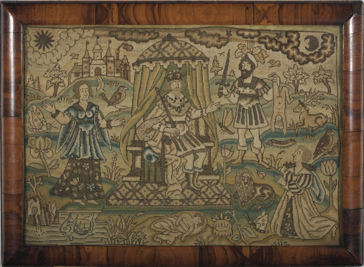 Appraisal: ENGLISH NEEDLEWORK PICTURE DEPICTING THE JUDGEMENT OF SOLOMON MID-SEVENTEENTH CENTURY