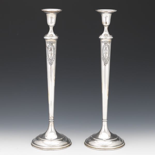 Appraisal: PAIR OF ELONGATED STERLING CANDLEHOLDERS x Pair of neoclassical style