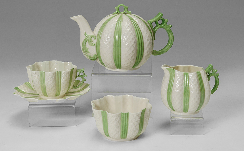 Appraisal: IRISH BELLEEK PORCELAIN '' O'CLOCK'' TEA SET Black mark Green