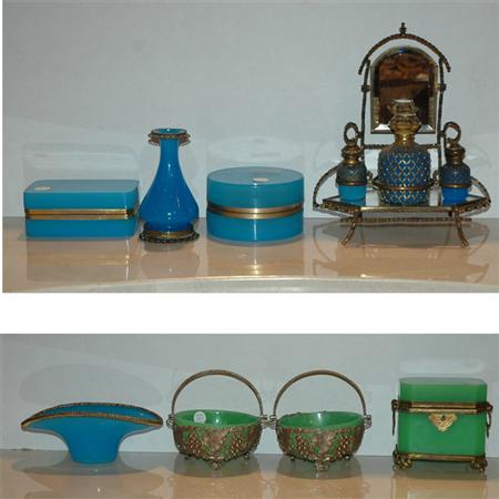 Appraisal: Group of Eight Gilt-Metal Mounted Blue and Green Opaline Glass