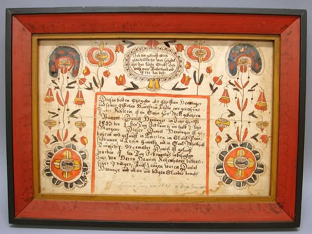 Appraisal: Painted tulips and other flowers and emblems marriage certificate of