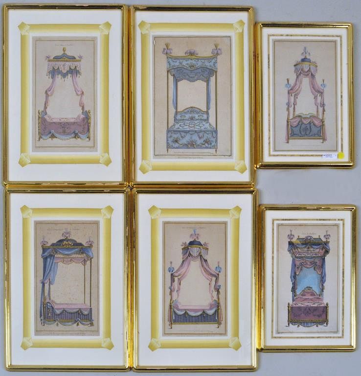 Appraisal: Set Six French Prints of Antique Beds Hangings in gilt