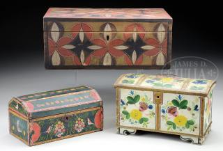 Appraisal: THREE PAINT DECORATED BOXES THREE PAINT DECORATED BOXES st half