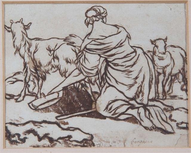 Appraisal: FOLLOWER OF NICHOLAS BERCHEM Farm hand with goats signed sepia