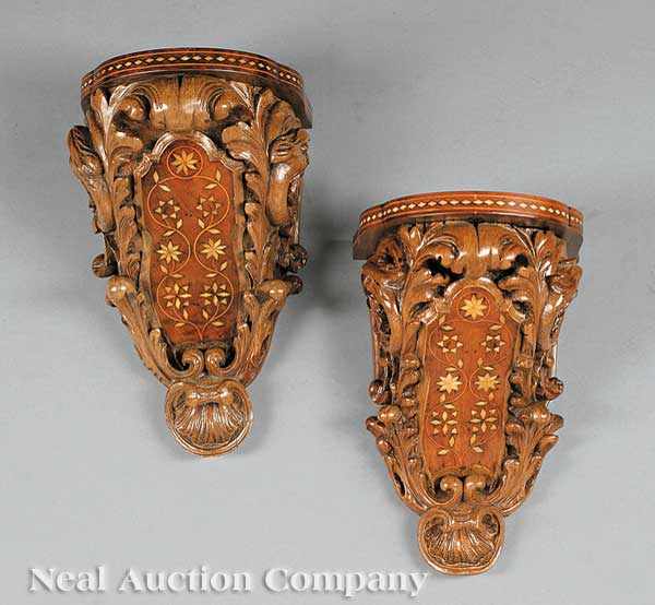 Appraisal: A Pair of Italian Inlaid Walnut Brackets mid- th c