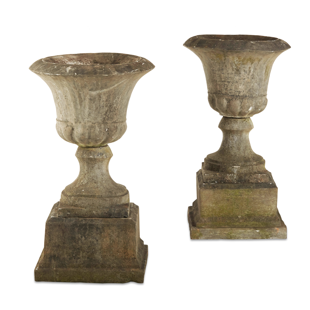 Appraisal: PAIR OF GRITSTONE URNS ON STAND TH CENTURY of campana