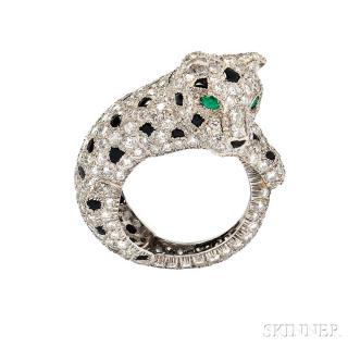 Appraisal: Platinum Diamond Onyx and Emerald Ring designed as a panther