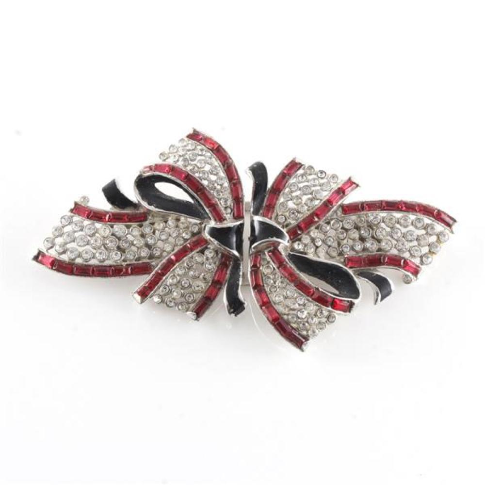 Appraisal: SIGNED CORO PATRIOTIC JEWELED BOW DUETTE IN DIAMANTE RHINESTONES AND