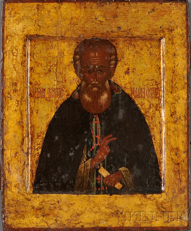 Appraisal: Russian Painted Wood Icon of a Male Saint rectangular depicting