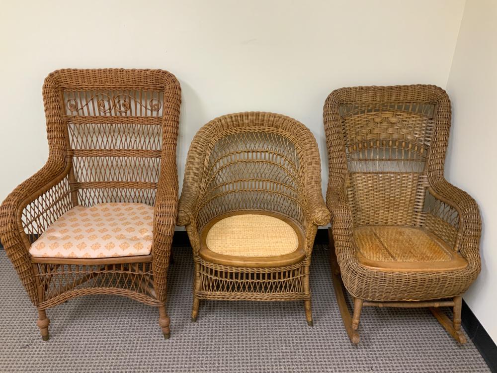 Appraisal: Two Wicker Arm Chairs and a Rocking Chair