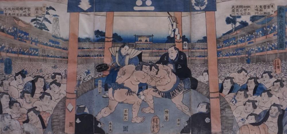 Appraisal: JAPANESE SCHOOL WOODBLOCK TRIPTYCH PRINT OF SUMO WRESTLING MATCH FRAME