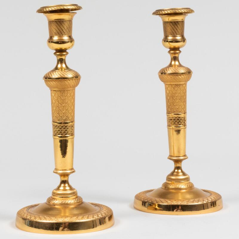 Appraisal: Pair of Charles X Style Gilt-Bronze Candlesticks x in diam