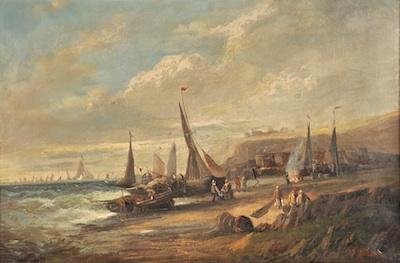 Appraisal: Percy Leslie Lara British b Fisherfolk on the shore Oil