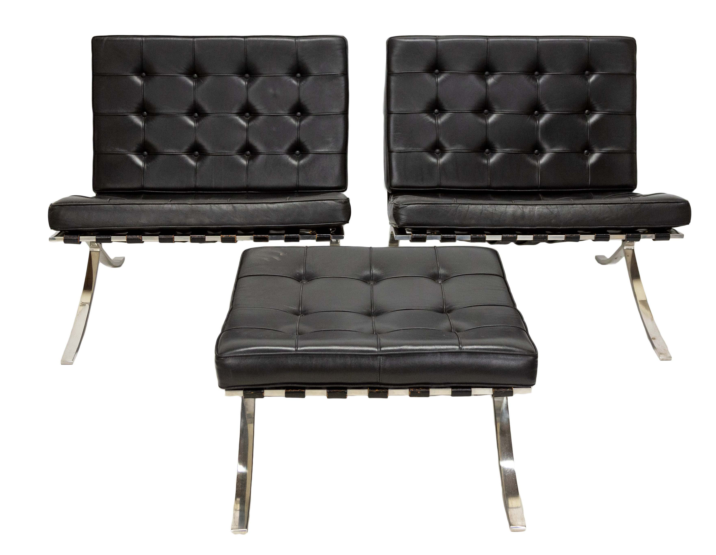 Appraisal: PAIR MIES VAN DER ROHE BARCELONA CHAIRS OTTOMAN Knoll International