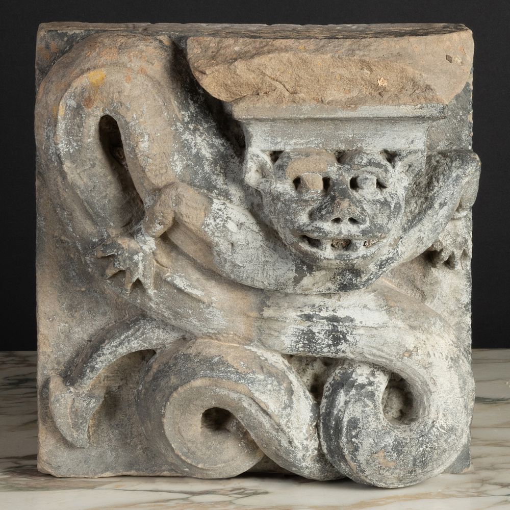 Appraisal: Romanesque Limestone Capital Fragment Probably French Carved with a mythical